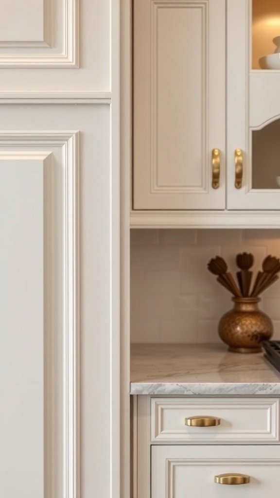 Close-up of elegant cabinet hardware on cream-colored kitchen cabinets.