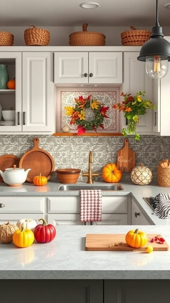 A cozy kitchen decorated for fall with pumpkins and autumn flowers.