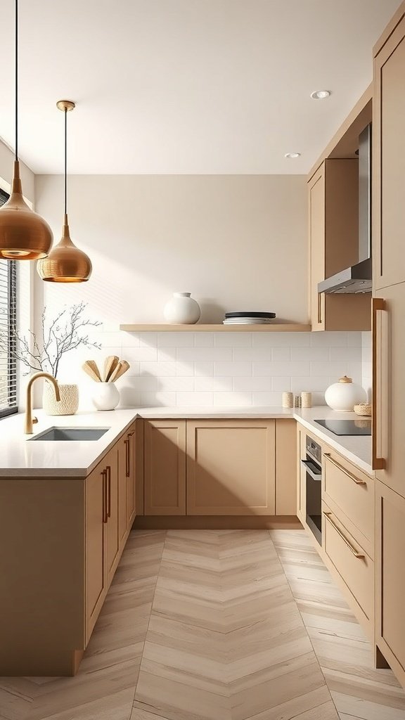A modern beige kitchen with stylish pendant lights and sleek fixtures.
