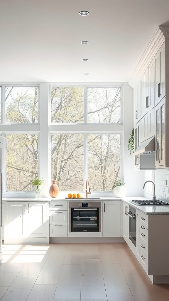 Bright kitchen with white cabinets, large windows, and modern appliances