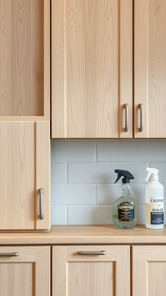Light-colored white oak kitchen cabinets with cleaning products on the countertop.