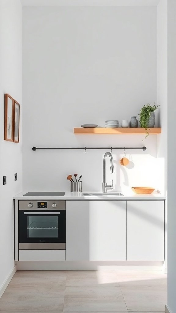A minimalist small kitchen with white cabinetry, wooden open shelves, and natural light.
