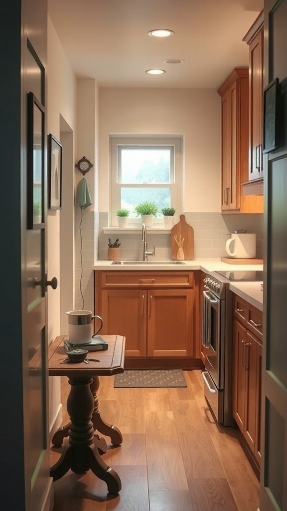 A small kitchen with a wooden table at the entry, featuring a cup and a small plant.