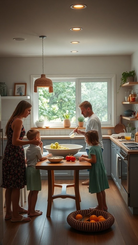 A family cooking together in an open kitchen, with a large window and a central table.