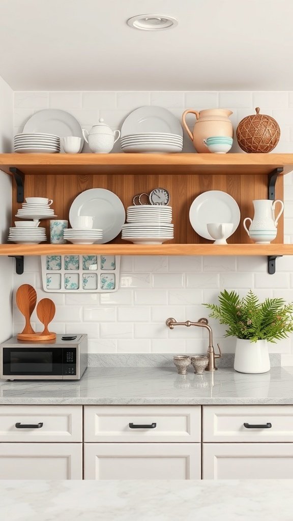 Open kitchen shelves displaying plates, cups, and decorative items with a plant.