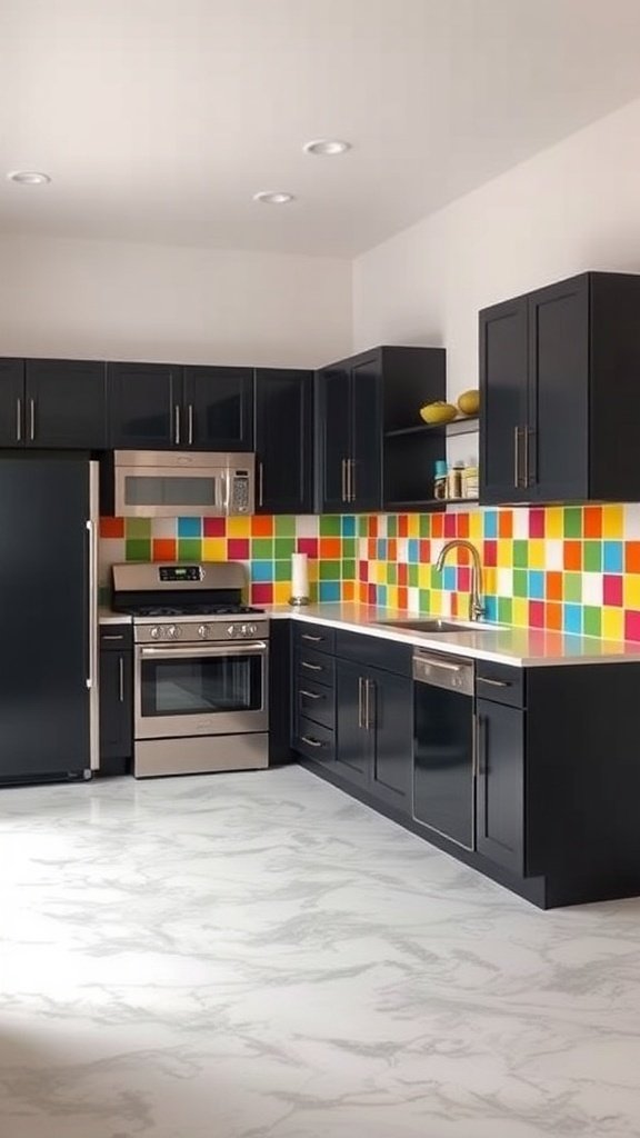 A modern kitchen featuring black cabinets and a colorful tiled backsplash.