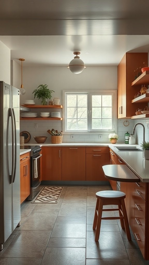 A mid-century modern kitchen featuring wooden cabinets, open shelving, and a cozy layout.