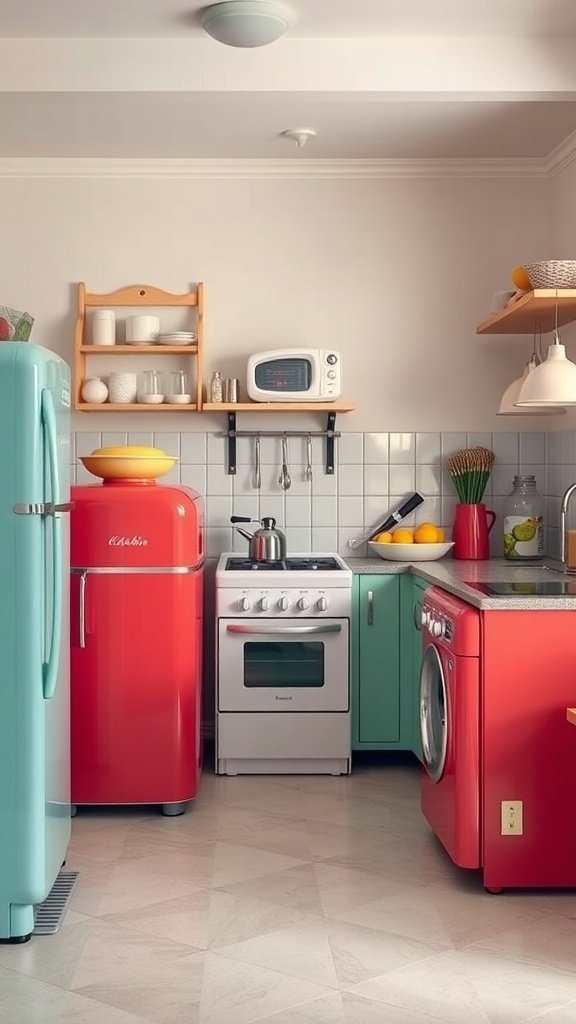 A colorful kitchen featuring a mint green fridge, red stove, and white oven with a yellow bowl of fruit on the countertop.