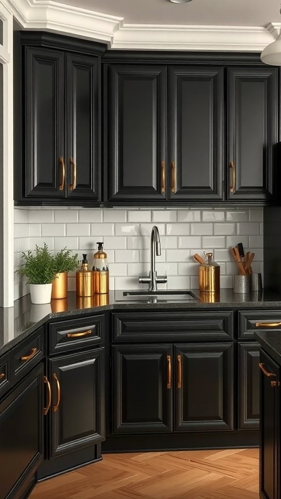 A modern kitchen featuring black cabinets and gold hardware, showcasing a stylish and bold design.