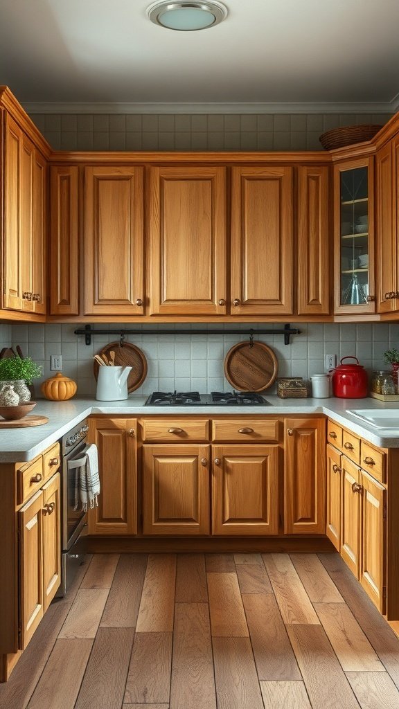 A kitchen featuring white oak cabinets, light countertops, and a cozy atmosphere.