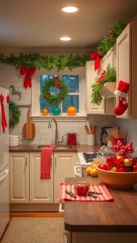 A cozy kitchen decorated for the holidays with garlands, wreaths, and festive colors.