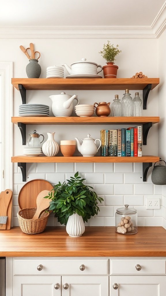 Rustic farmhouse kitchen with wooden wall shelves displaying dishes, pots, and plants.