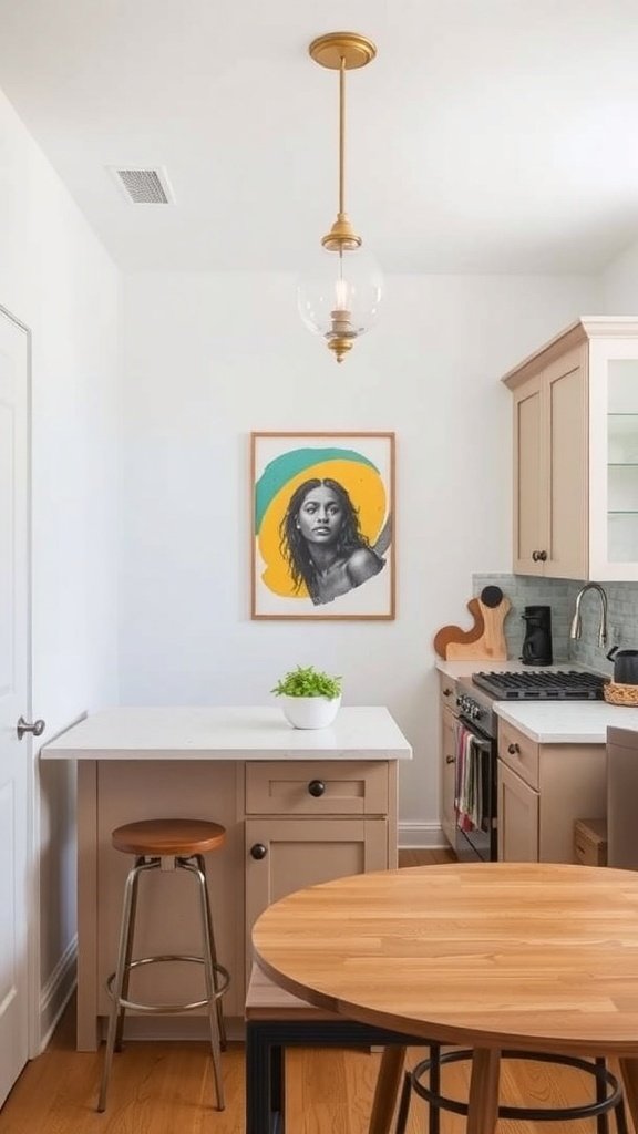 A small kitchen featuring a bold piece of art on the wall, warm tones, and natural materials.