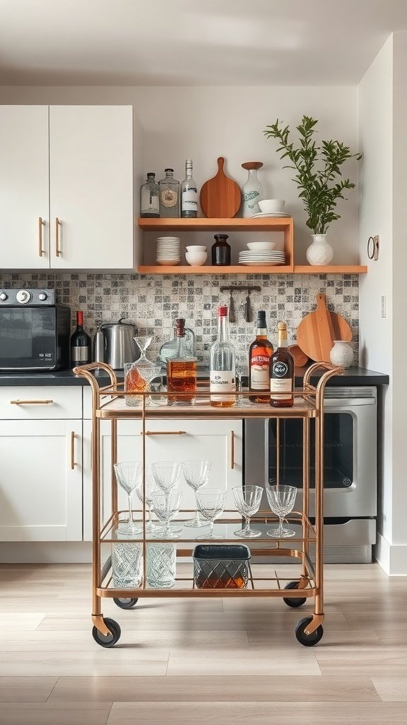 A stylish vintage bar cart with various bottles and glassware in a modern kitchen.