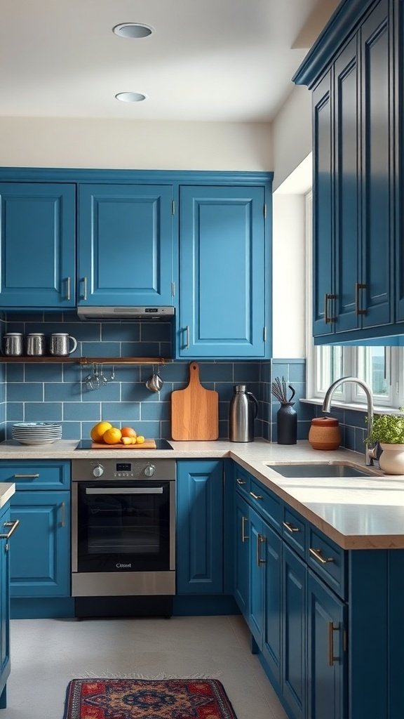 A modern kitchen featuring blue cabinets, light countertops, and stylish decor.
