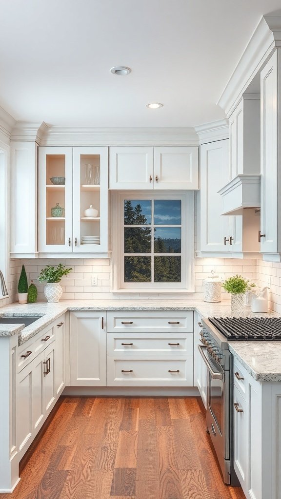 A modern kitchen featuring white oak cabinets, a granite countertop, and natural light from a window.