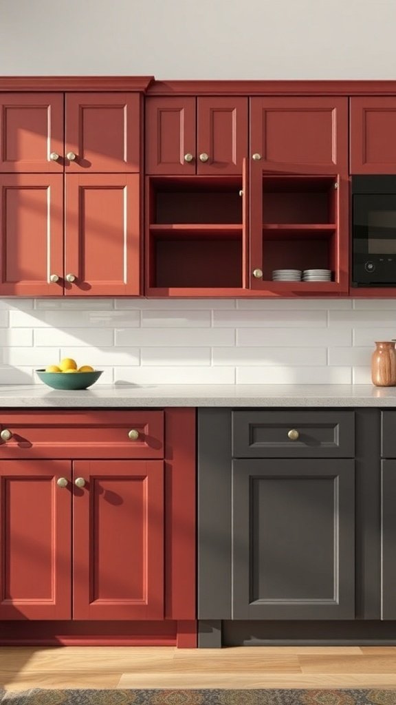 A kitchen with red and gray painted cabinets, showcasing a mix of matte and glossy finishes.
