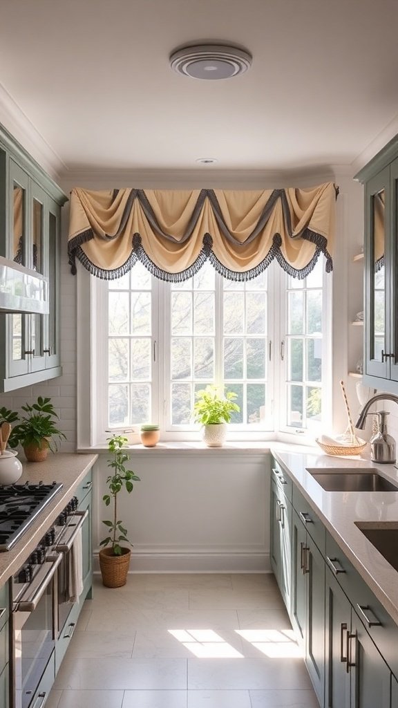 A small kitchen featuring a stylish window treatment with draped fabric and plants on the windowsill.
