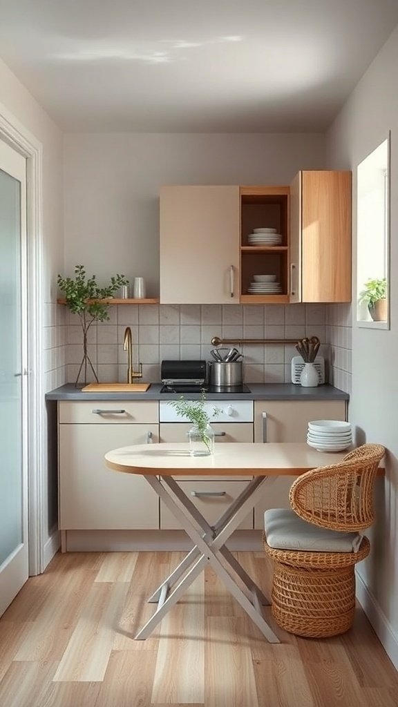 A small kitchen featuring a foldable table and a stylish chair, showcasing multi-functional furniture.