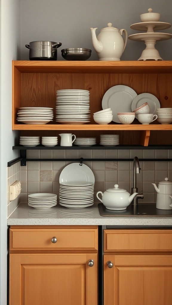 Open shelves in a small kitchen displaying white dishware and pots.