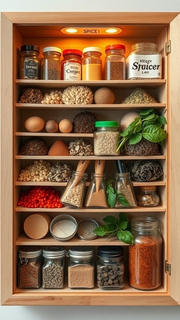 A well-organized spice rack with various jars and containers filled with spices and herbs, illuminated by warm lighting.