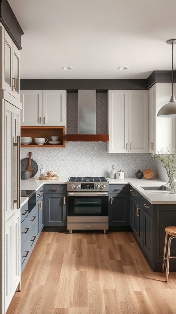 A modern kitchen featuring two-tone cabinets with white upper cabinets and dark blue lower cabinets, complemented by warm wood flooring.