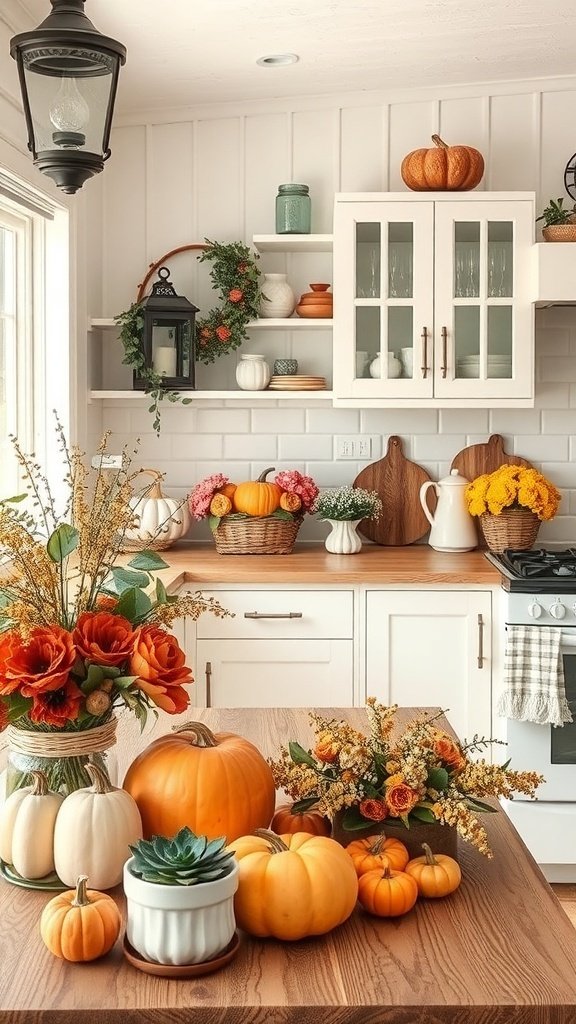 A cozy cottage kitchen decorated with pumpkins and flowers for autumn.