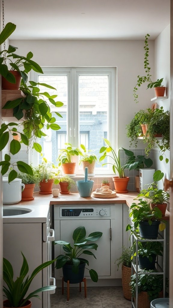 A small kitchen filled with various plants in pots, creating a fresh and lively atmosphere.