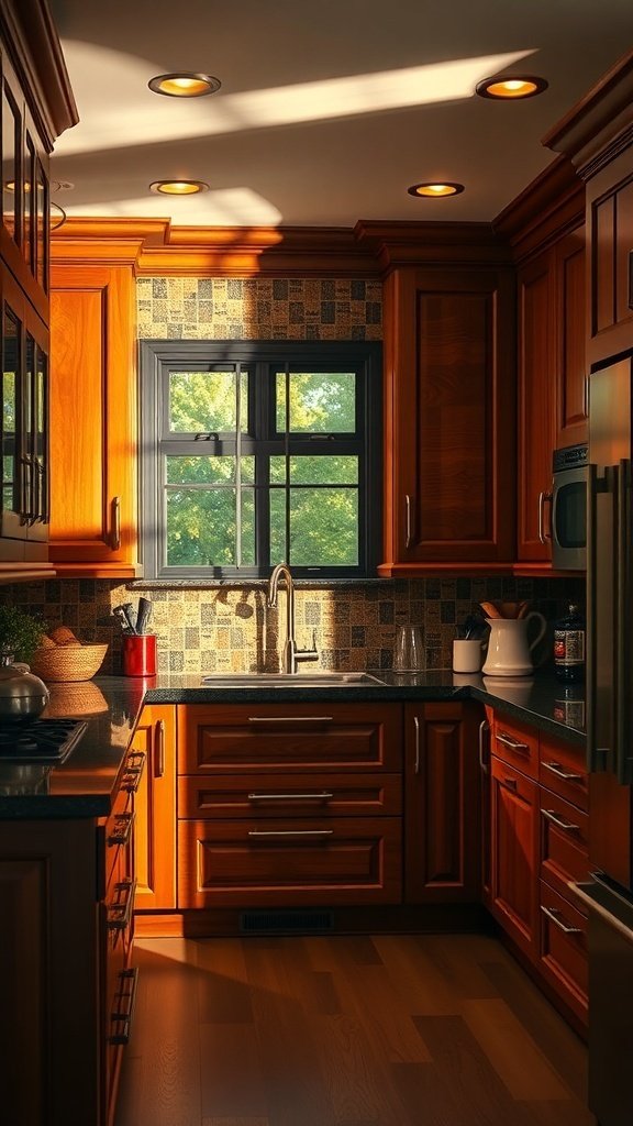 A cozy kitchen featuring warm walnut cabinets, with sunlight highlighting the wood grain and a contrasting dark countertop.