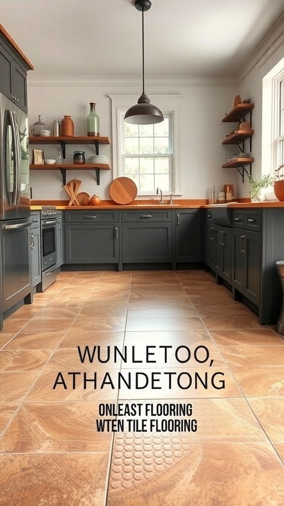 Rustic tile flooring in a farmhouse kitchen with dark cabinets and wooden accents.