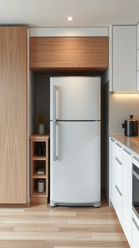 A compact white refrigerator in a modern kitchen with light wood cabinetry and open shelving.