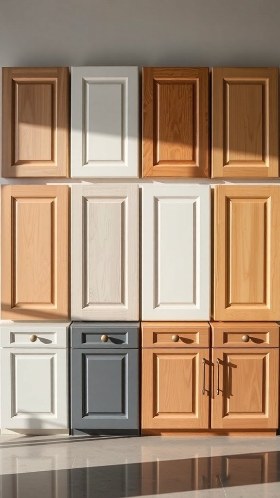 A display of various cabinet door styles in different wood tones and colors, showcasing options for two-tone kitchen cabinets.