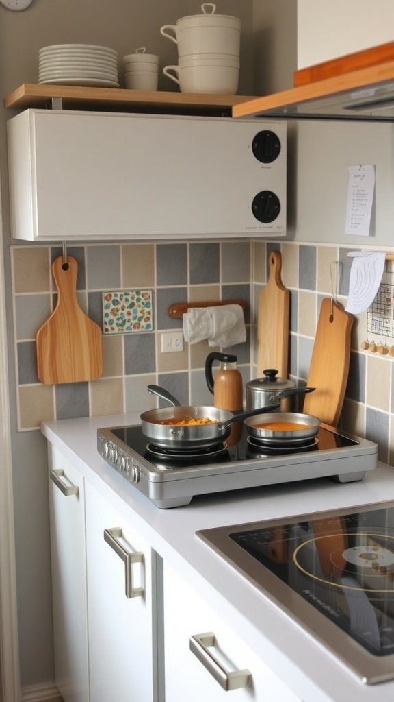 A portable cooktop with two burners in a small kitchen setting.