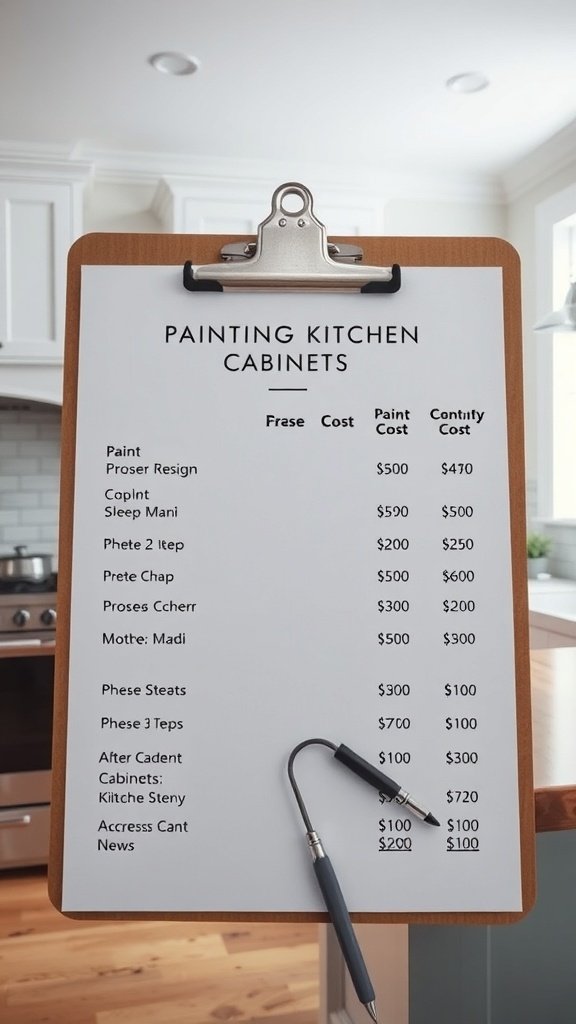 A clipboard displaying a list of costs for painting kitchen cabinets, including various paint brands and their prices.