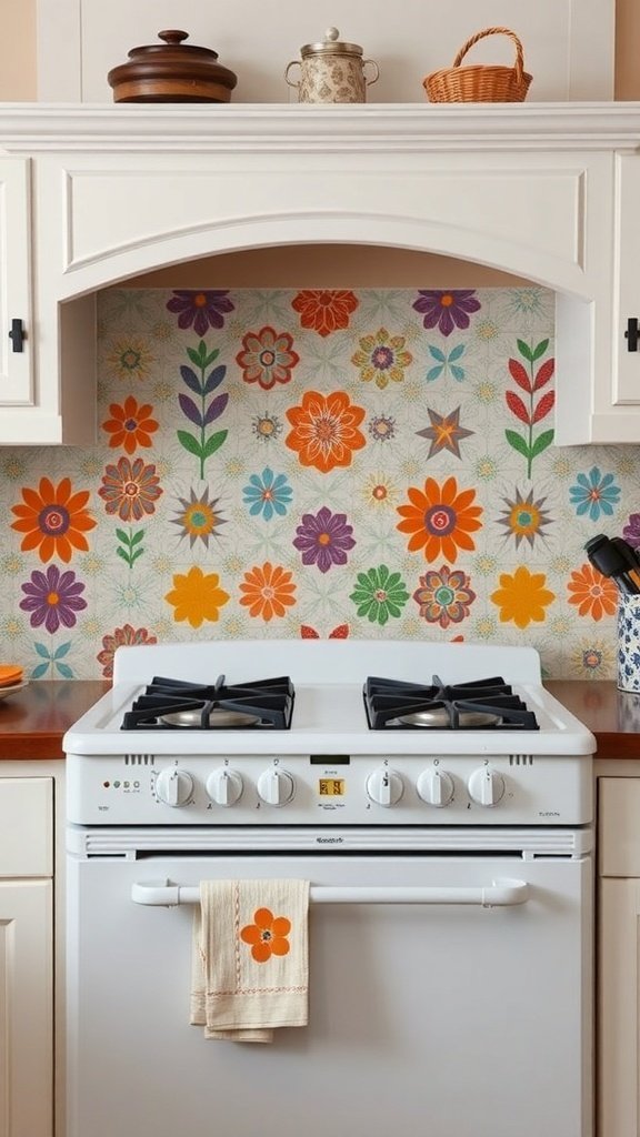 Colorful floral backsplash tiles in a cottage kitchen behind a white stove
