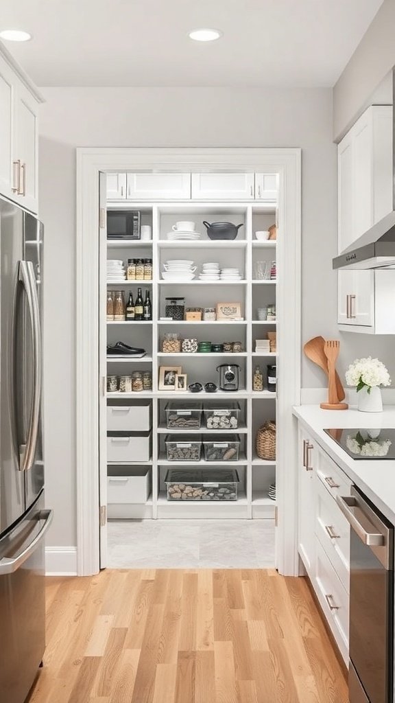 A modern pantry with open shelving, neatly organized with various kitchen items.