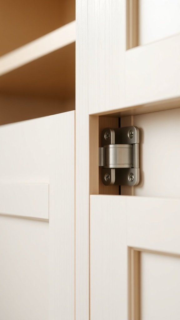 Close-up of a soft-close cabinet hinge on a light-colored cabinet door.