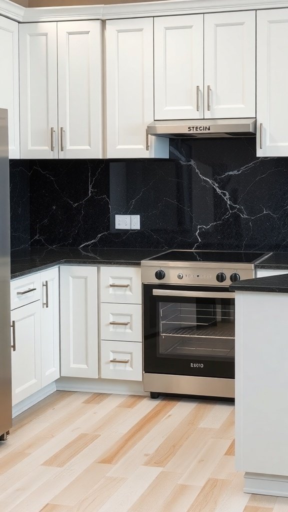 A modern kitchen featuring white cabinets and contrasting black countertops.