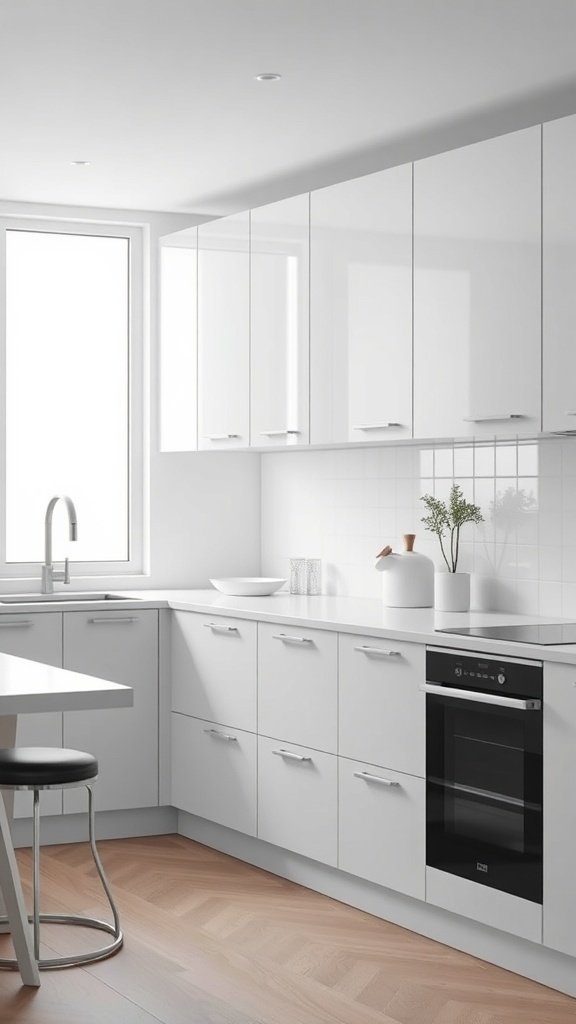 Modern kitchen with white cabinets and light wood flooring