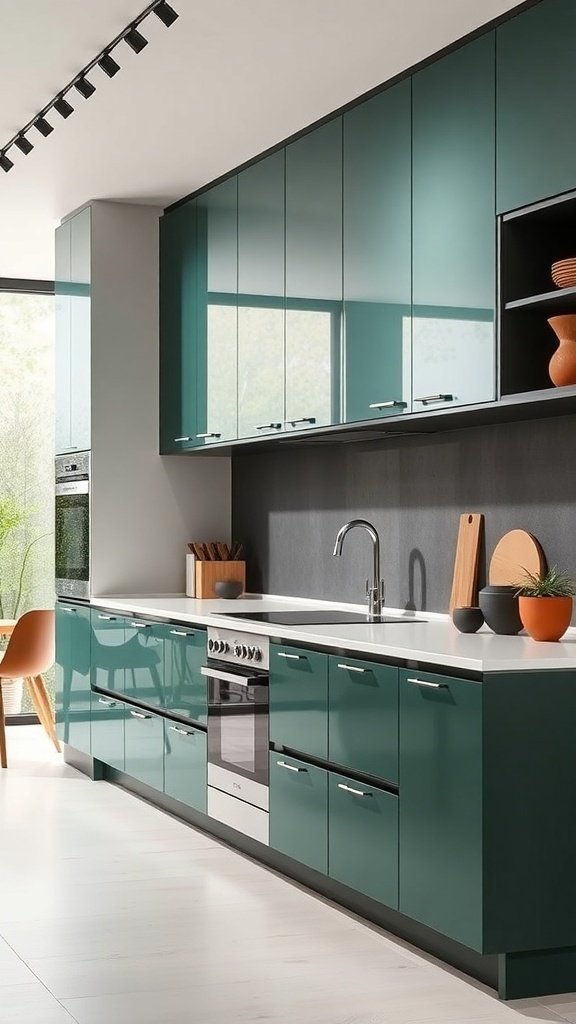 A modern kitchen featuring glossy green cabinets, white countertops, and dark accents, showcasing a contemporary design.