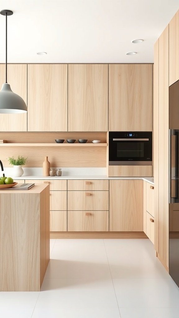 Modern kitchen featuring white oak cabinets with minimalistic design.