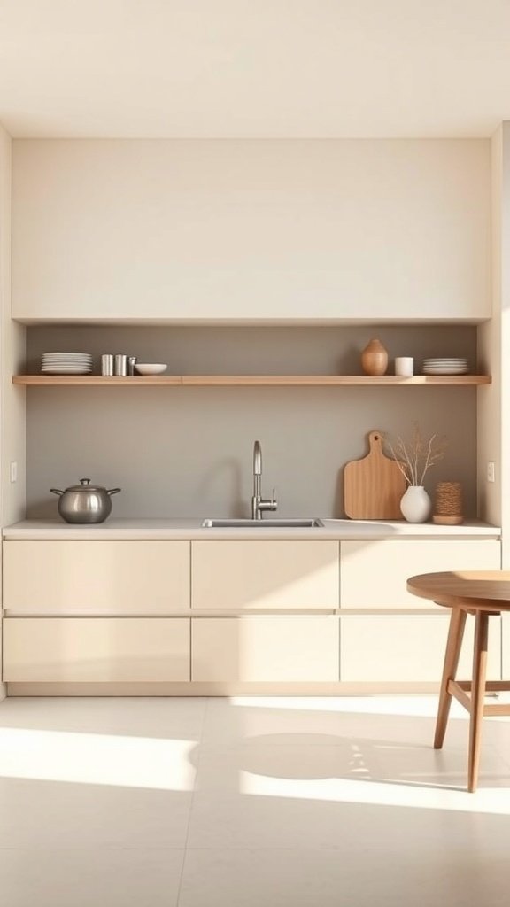 A minimalist beige kitchen featuring sleek cabinetry, open shelving, and natural light.