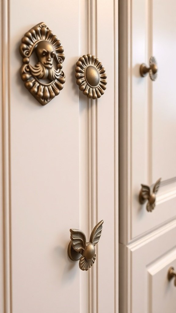 Close-up of unique cabinet hardware featuring lion face, sunburst, and butterfly designs.