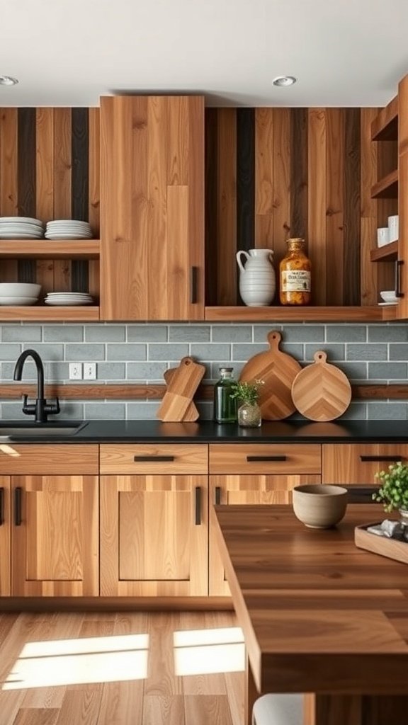 A modern kitchen with reclaimed wood cabinetry and accents, featuring a sleek black countertop and stylish decor.