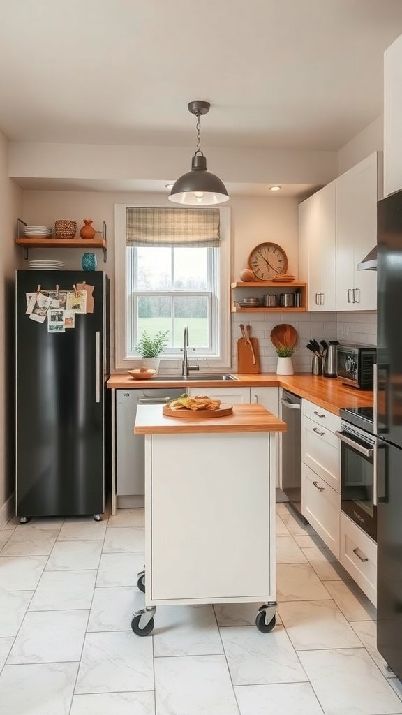 A small kitchen featuring a movable island on wheels with a wooden top, white cabinets, and natural light.