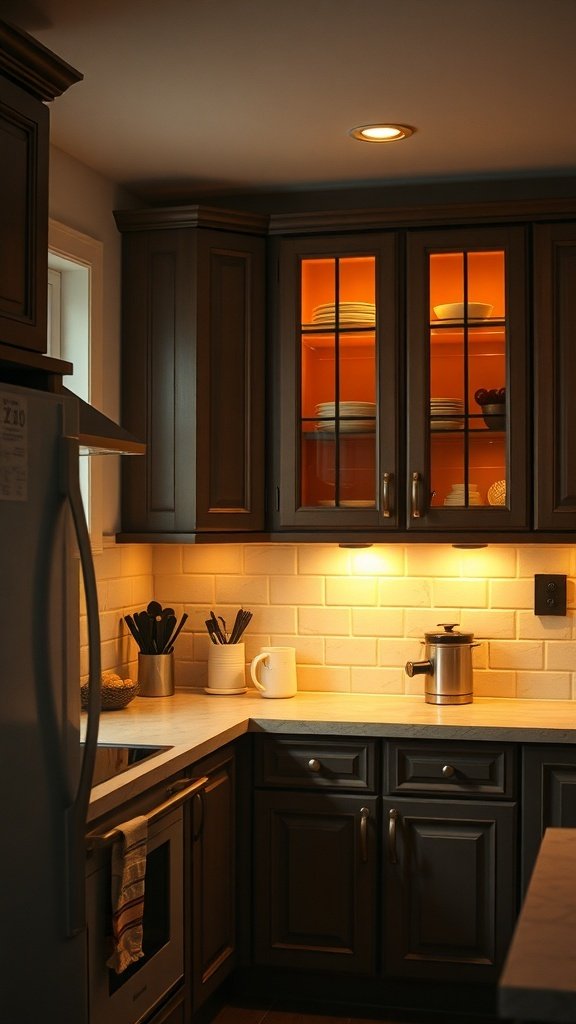 A cozy kitchen with warm cabinet lighting highlighting dishes in glass-front cabinets.