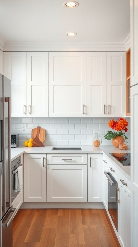 A bright kitchen featuring white cabinets, a wooden floor, and colorful decor elements.