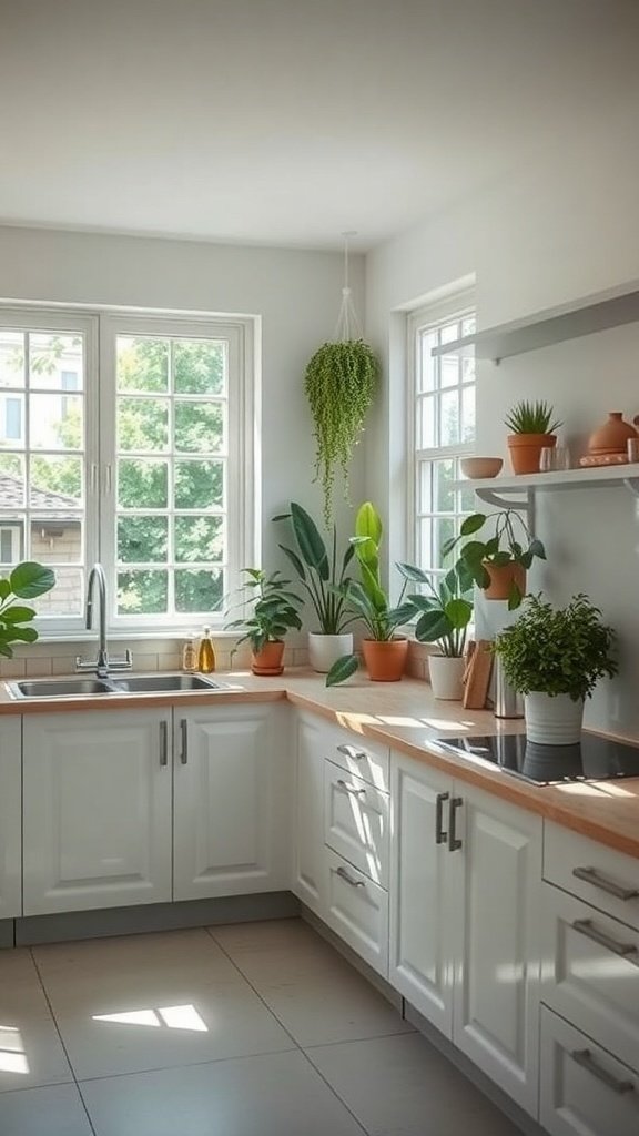 A bright kitchen with large windows, white cabinets, wooden countertops, and various indoor plants.