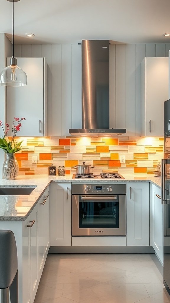 Modern kitchen with a colorful glass backsplash and sleek cabinetry.