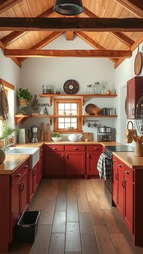A cozy kitchen featuring rustic barn red cabinets, wooden shelves, and natural decor.